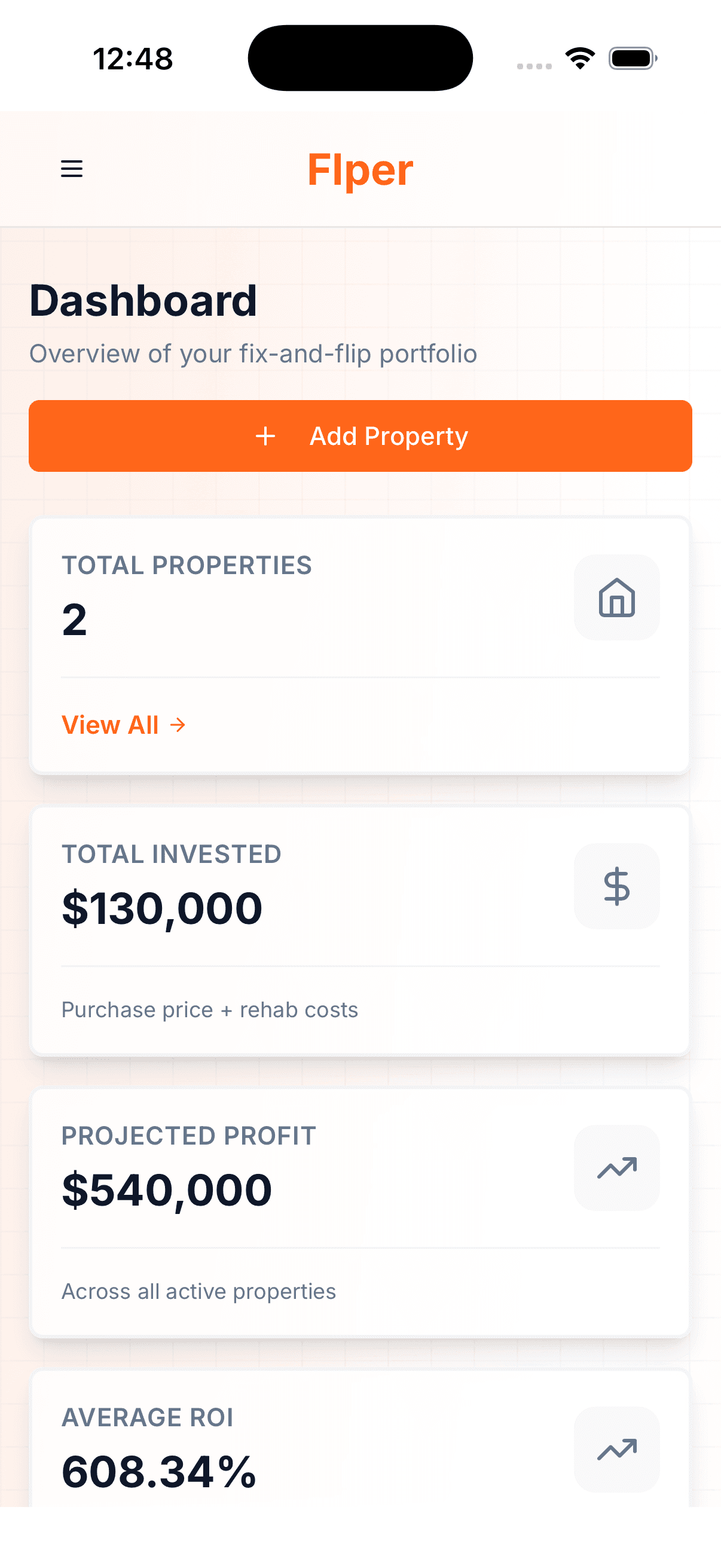 flper mobile app dashboard showing property metrics and portfolio overview